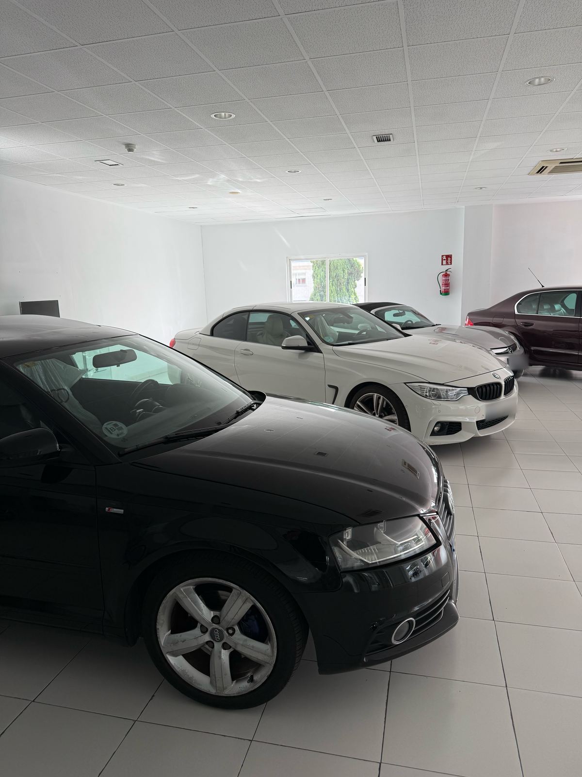 Exposición del taller con un Audi negro en primer plano y, detrás, un BMW blanco, un coche gris y un Skoda granate